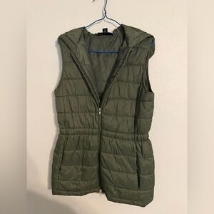 Swiss Tech Olive Cinched Puffer Vest with Hood XS
